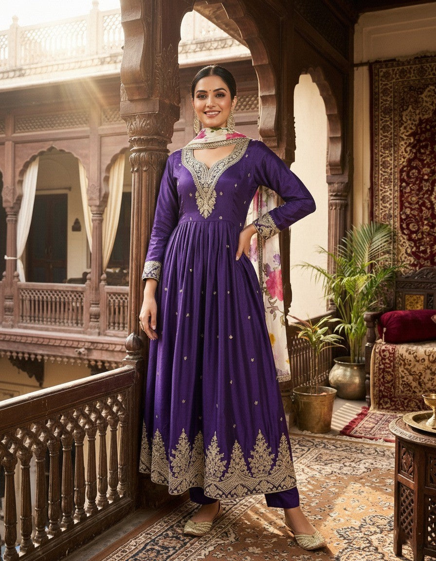 Women's Designer Chinon Silk Purple Color Embroidery Anarkali Kurta Pant with Dupatta Set