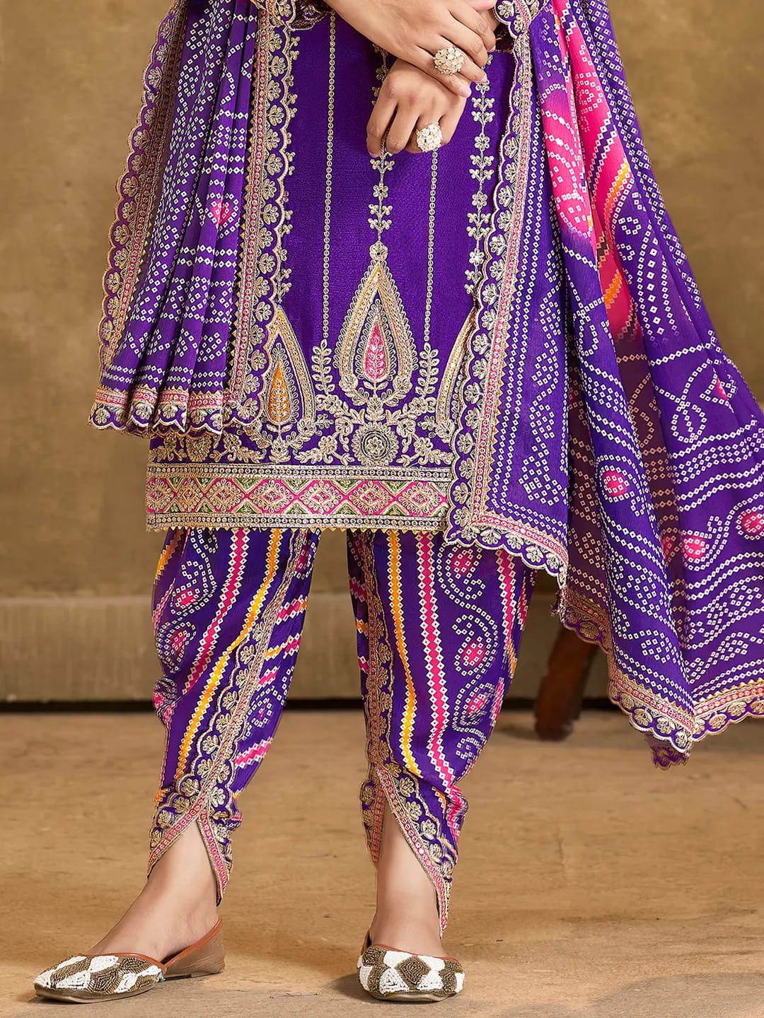 Women's Chinon Silk Embroidery Purple Color Bandhani Prints Straight Kurta Dhoti-Pant With Dupatta