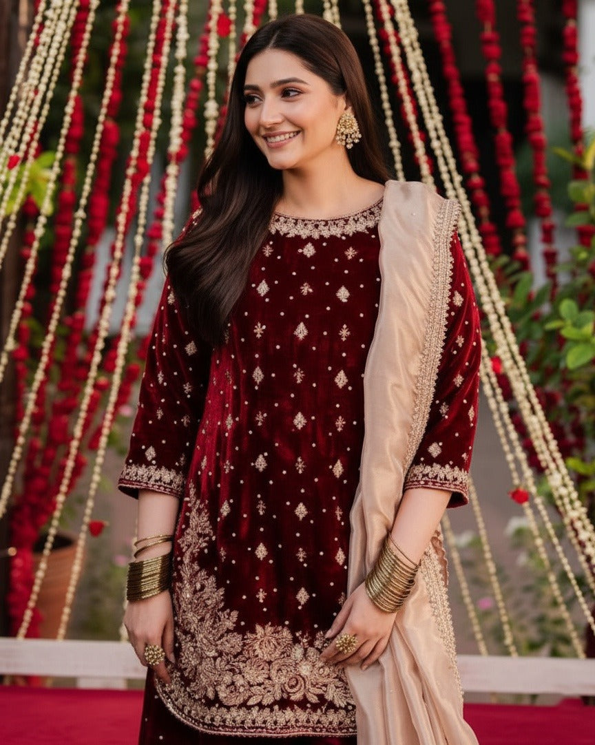 Women's Velvet Embroidery Red Color Straight Kurta Sharara With Dupatta