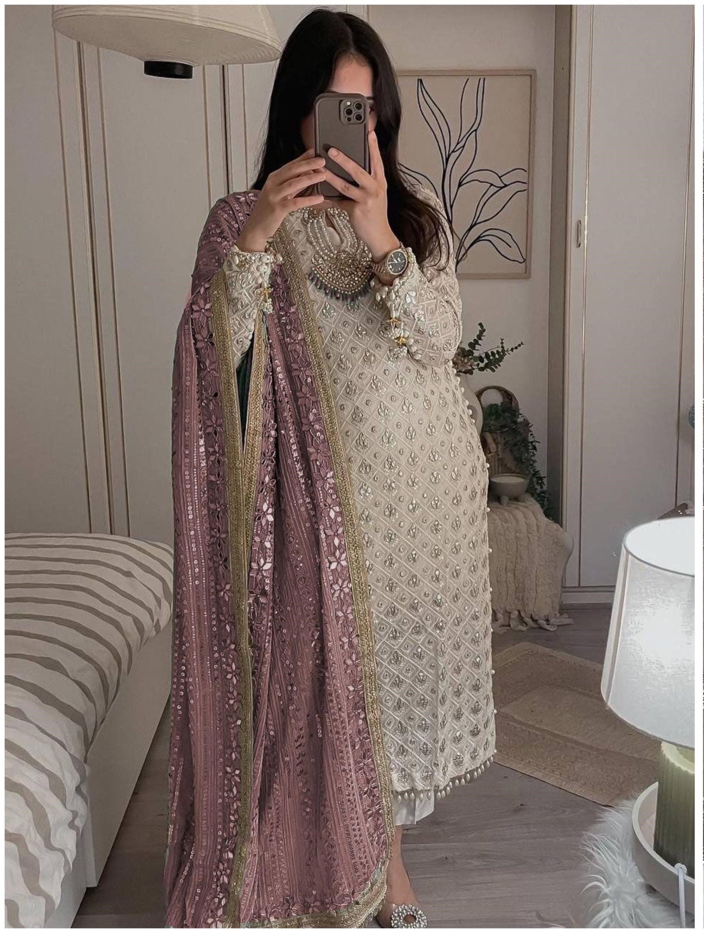 Women's Georgette Embroidery White Color Kurta Pant With Dupatta