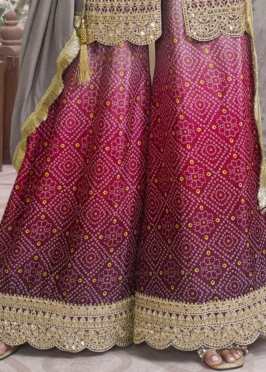 Women's Chinon Silk Embroidery PIink-Grey Color Kurta Sharara With Dupatta