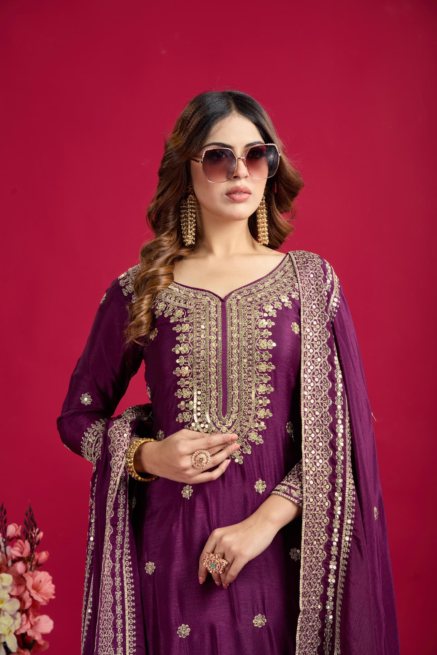 Women's Chinnon Silk Embroidery Purple Color Kurta Sharara With Dupatta
