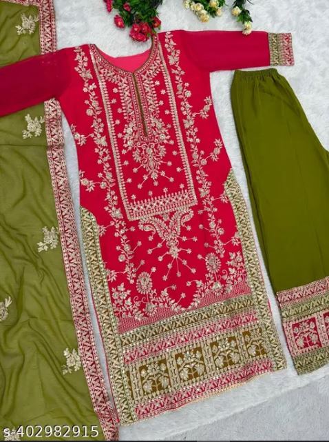 Women's Georgette Embroidery Pink Color Kurta Palazzo With Dupatta