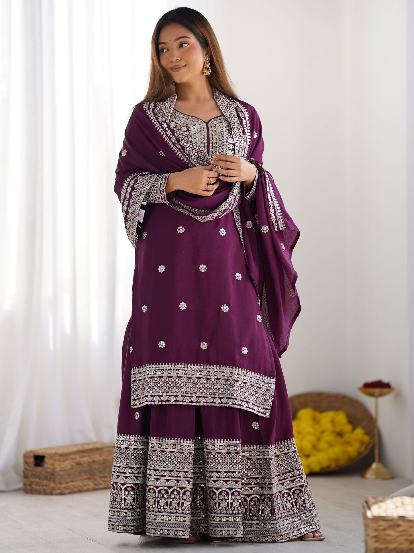 Women's Chinon Silk Embroidery Purple Color Kurta Sharara With Dupatta