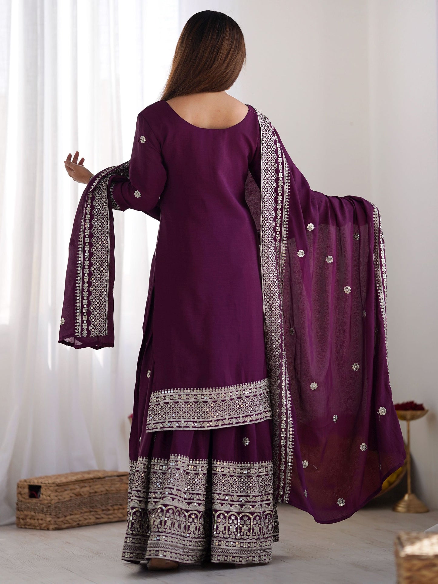 Women's Chinon Silk Embroidery Purple Color Kurta Sharara With Dupatta