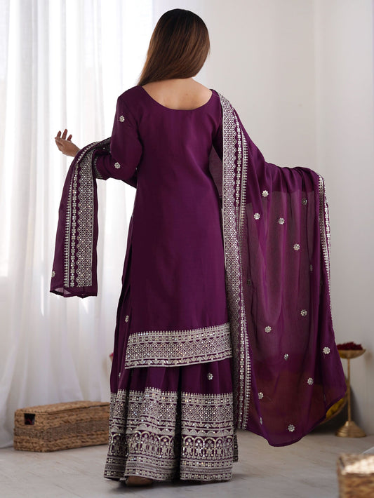 Women's Chinon Silk Embroidery Purple Color Kurta Sharara With Dupatta
