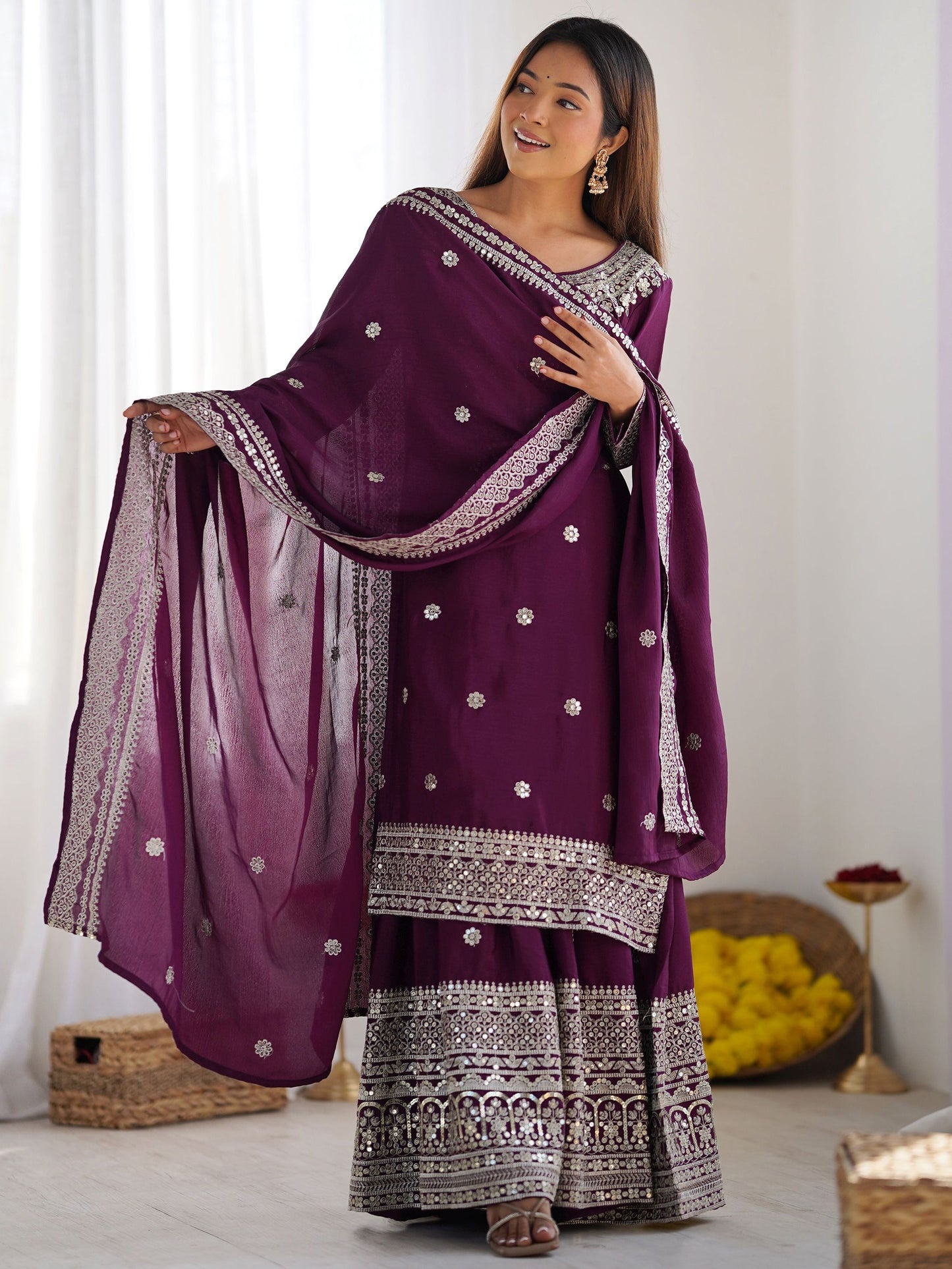Women's Chinon Silk Embroidery Purple Color Kurta Sharara With Dupatta