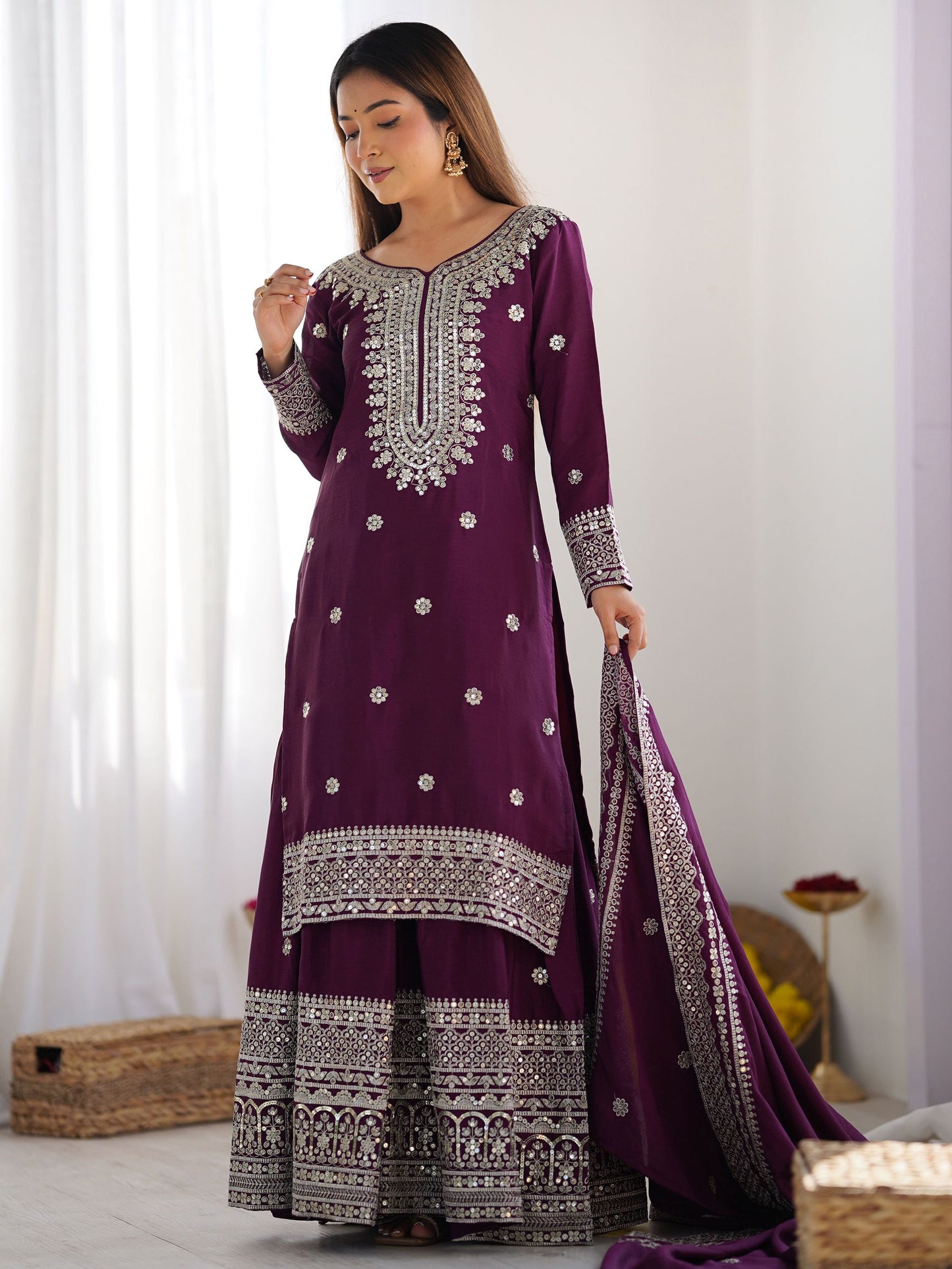 Women's Chinon Silk Embroidery Purple Color Kurta Sharara With Dupatta