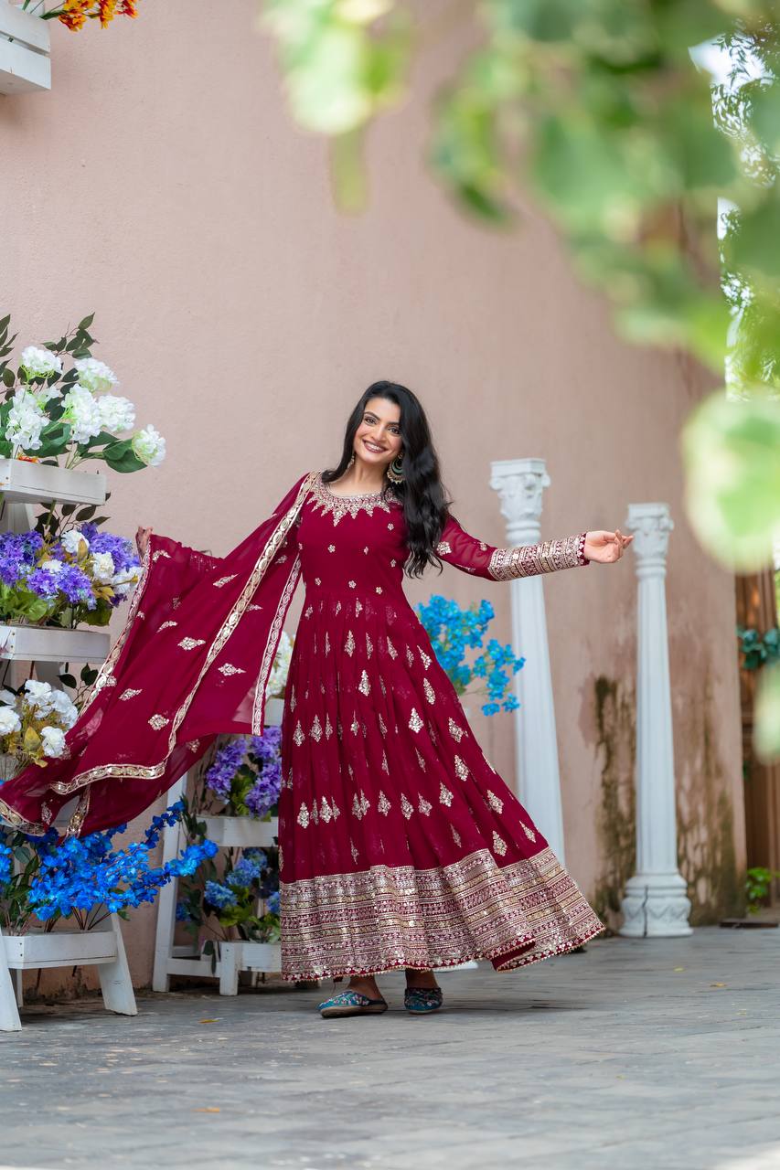 Women's Georgette Embroidery Red Color Kurta Pant With Dupatta