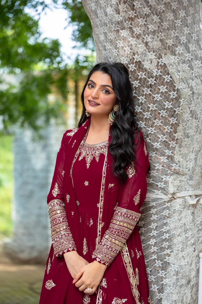 Women's Georgette Embroidery Red Color Kurta Pant With Dupatta