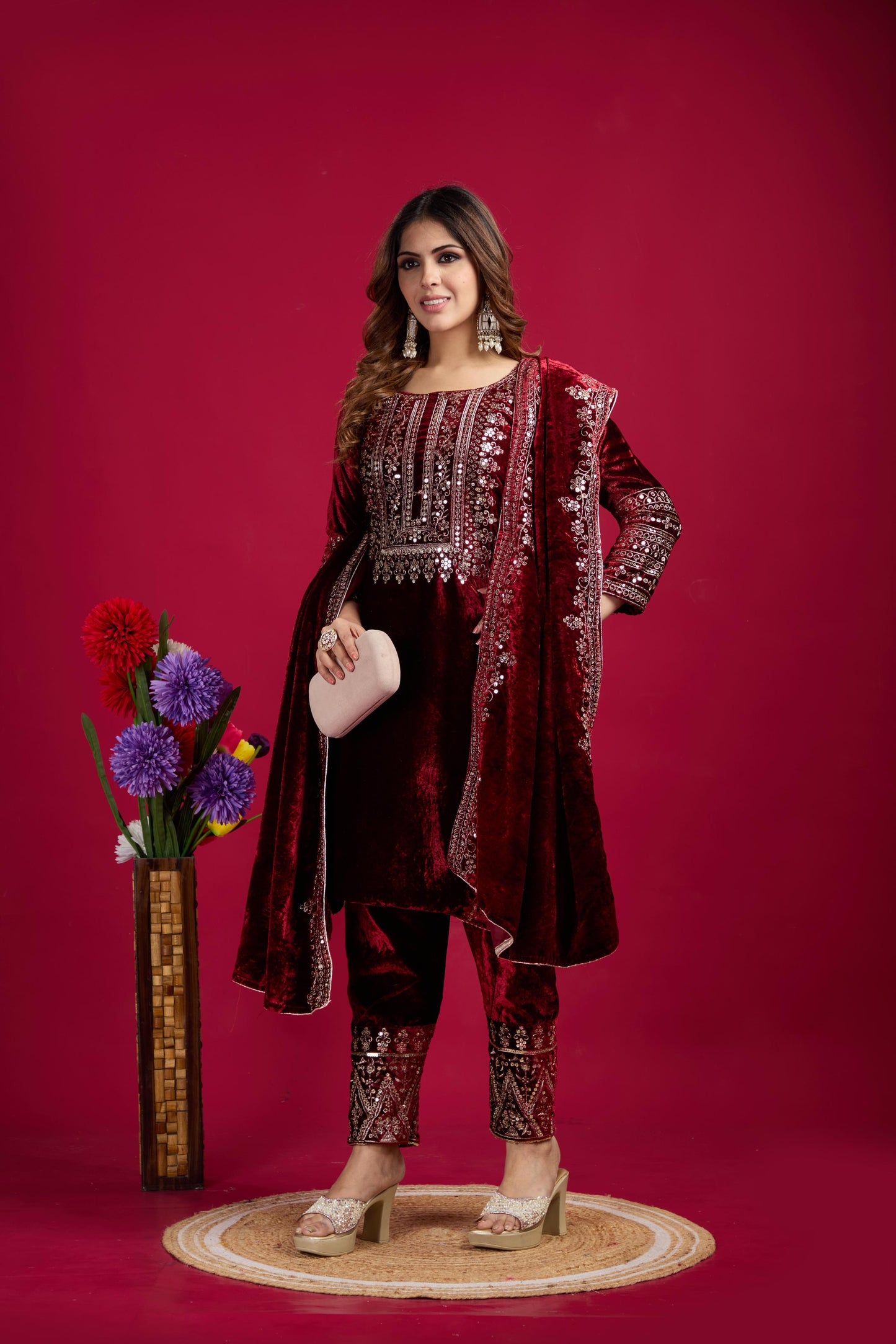 Women's Velvet Embroidery Red Color Kurta Pant With Dupatta