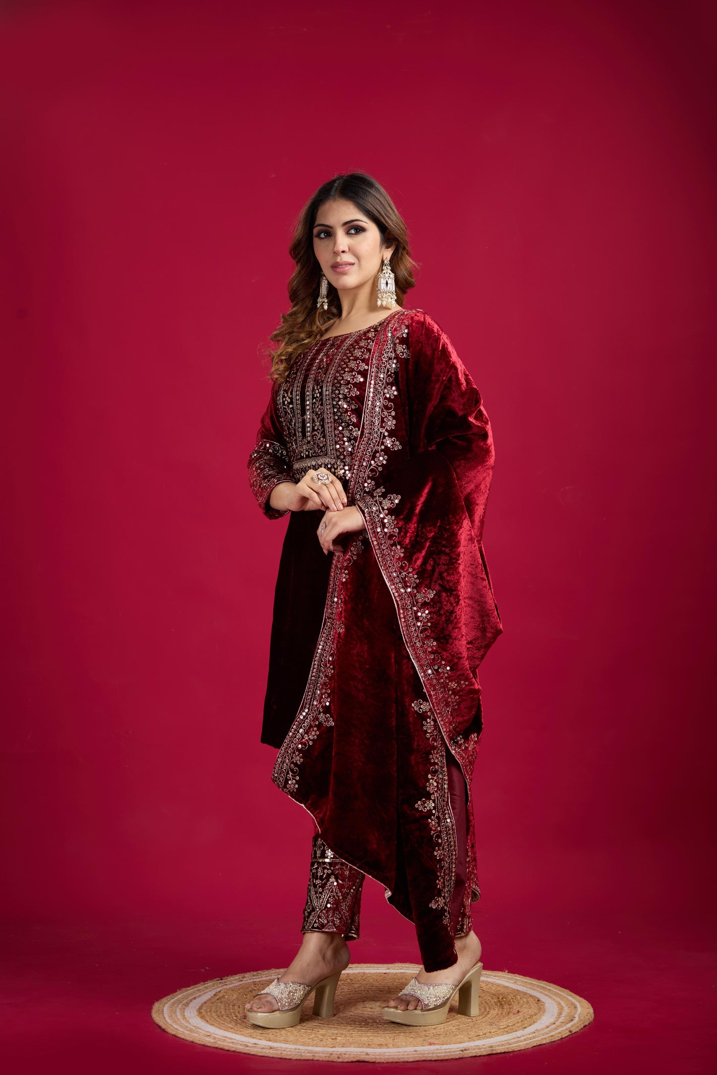 Women's Velvet Embroidery Red Color Kurta Pant With Dupatta