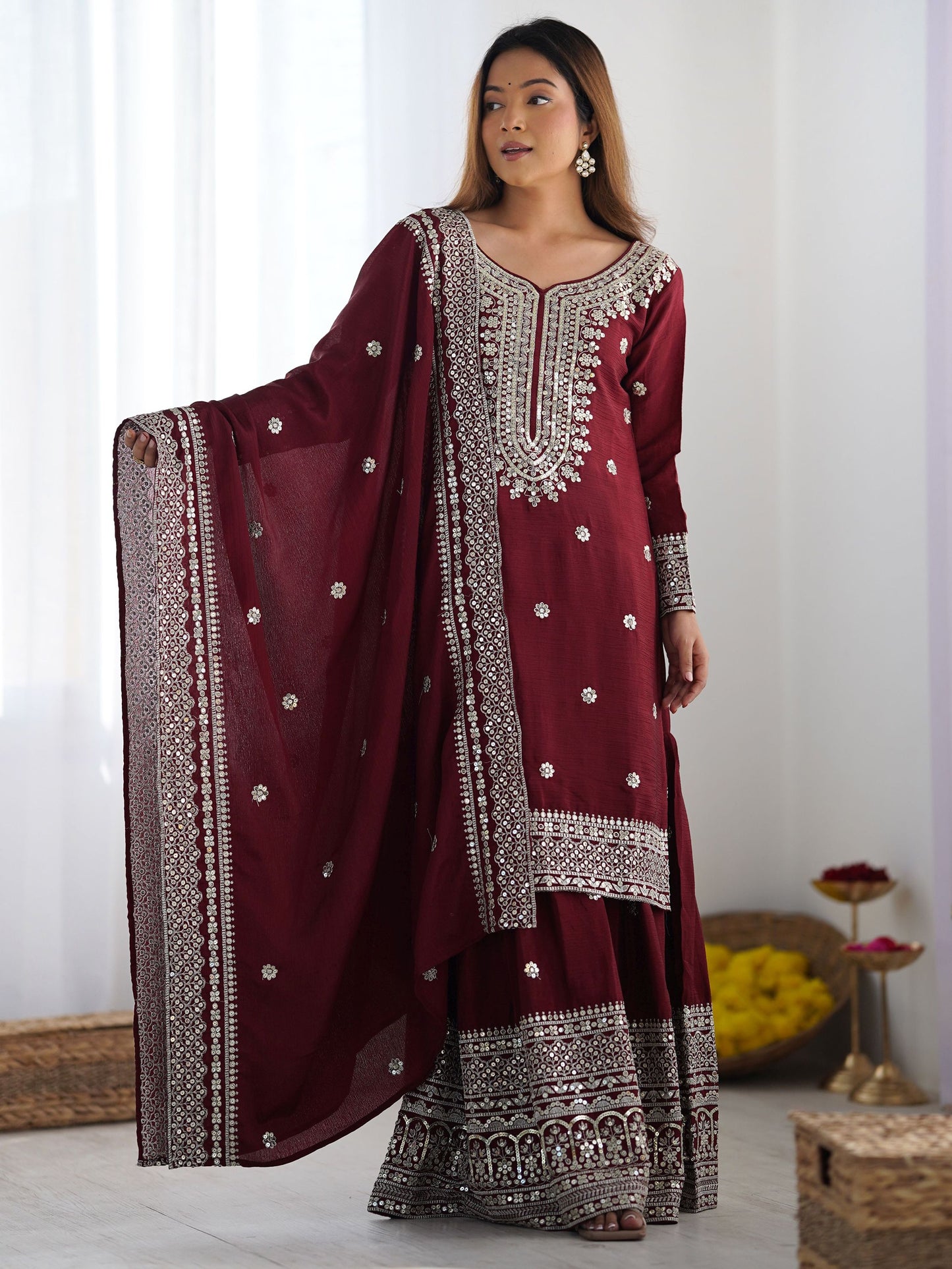 Women's Chinon Silk Embroidery Red Color Kurta Sharara With Dupatta