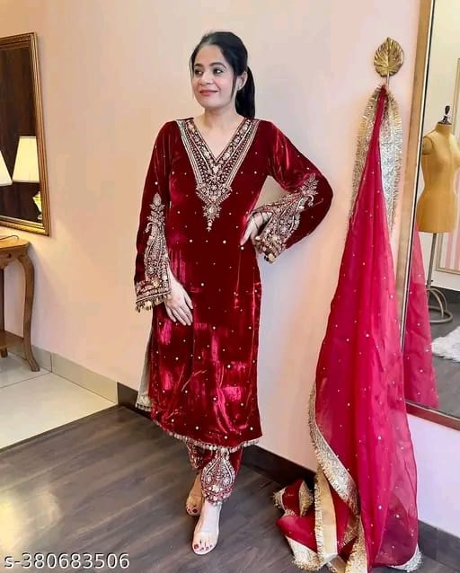 Women's Velvet Embroidery Red Color Kurta Pant With Dupatta