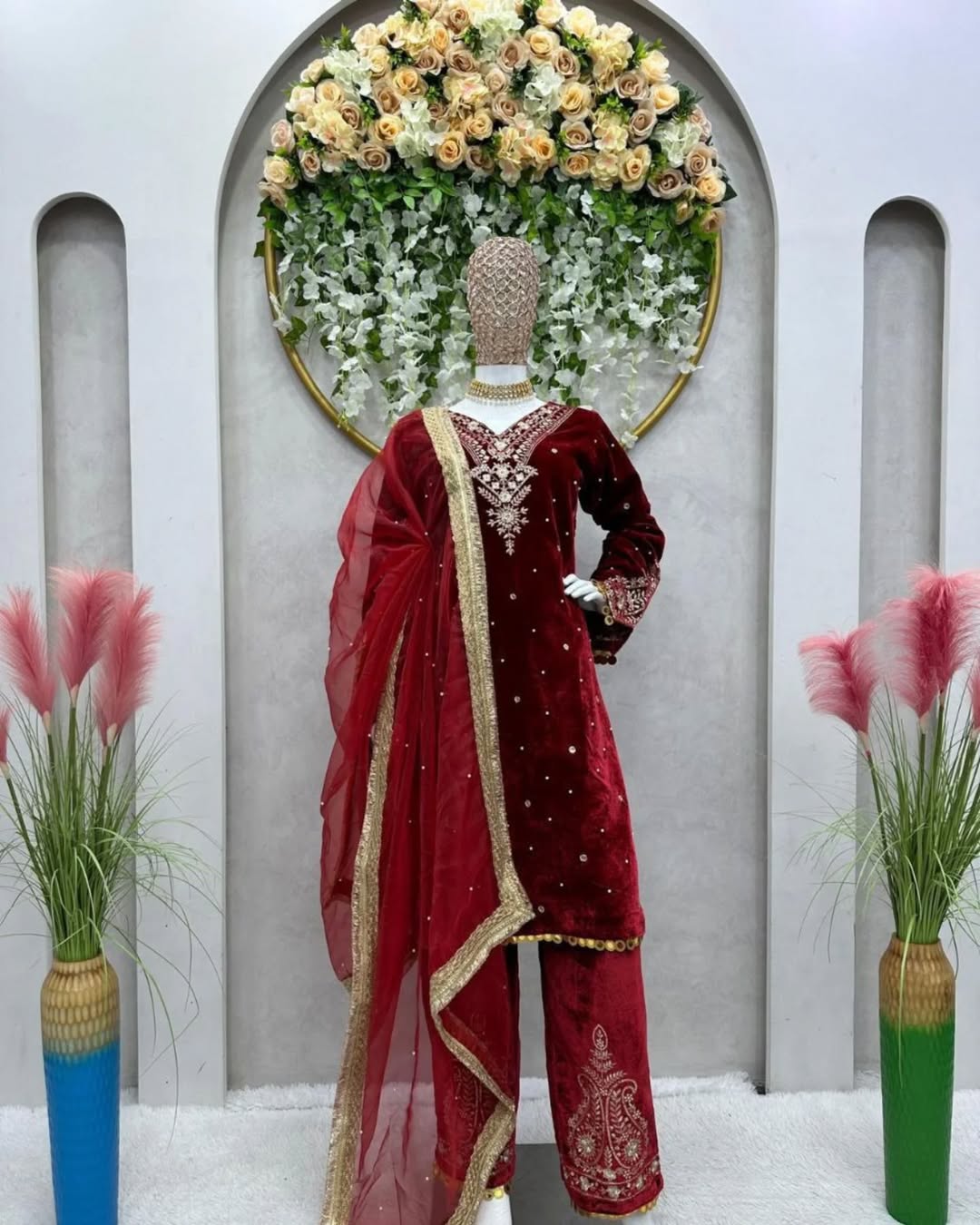 Women's Velvet Embroidery Red Color Kurta Pant With Dupatta