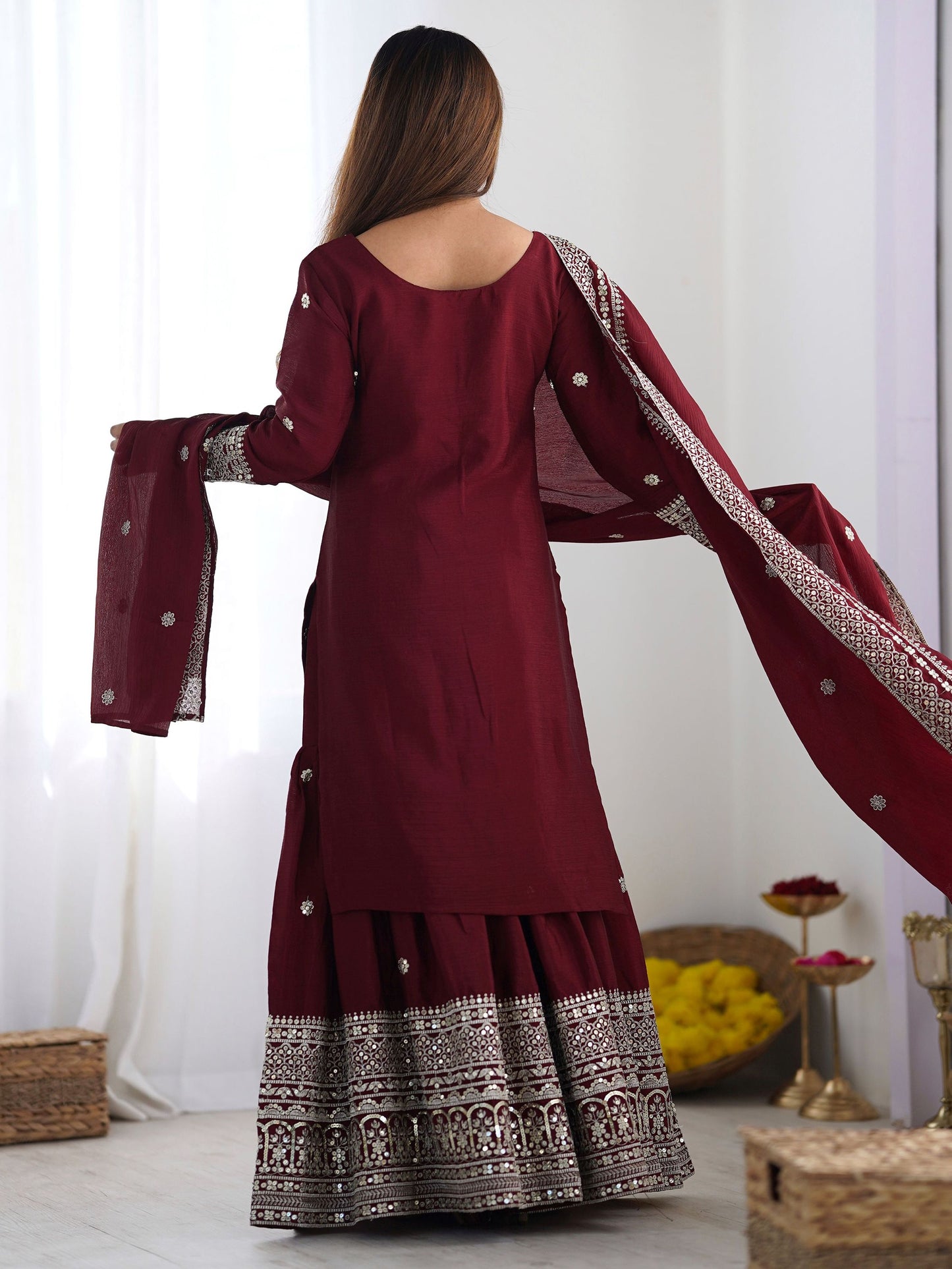 Women's Chinon Silk Embroidery Red Color Kurta Sharara With Dupatta