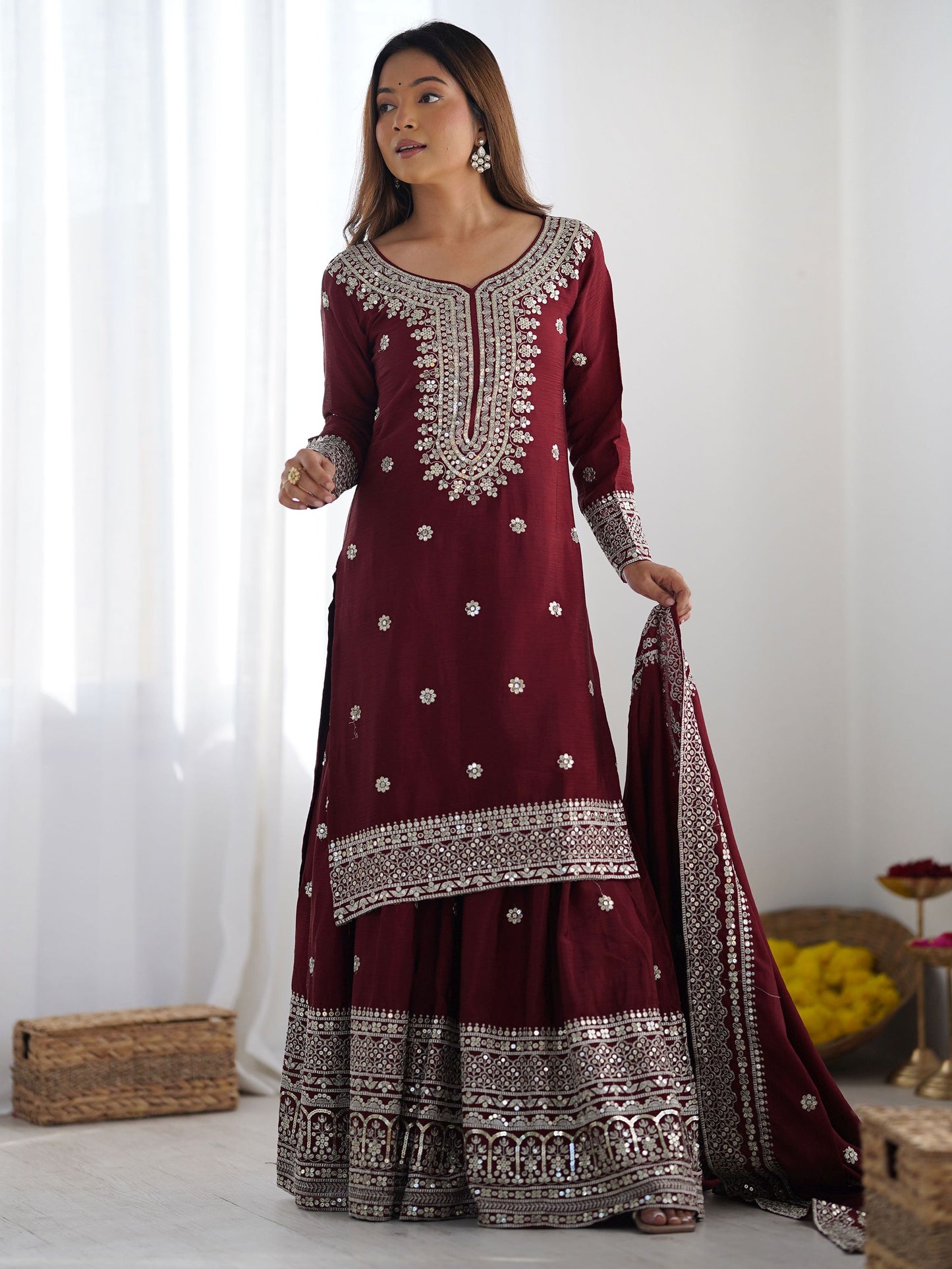 Women's Chinon Silk Embroidery Red Color Kurta Sharara With Dupatta
