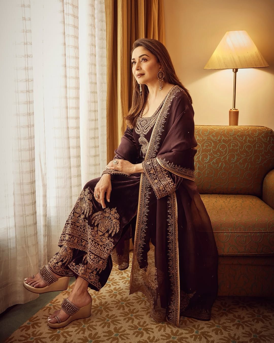 Women's Chinon Silk Embroidery Brown Color Kurta Pant With Dupatta