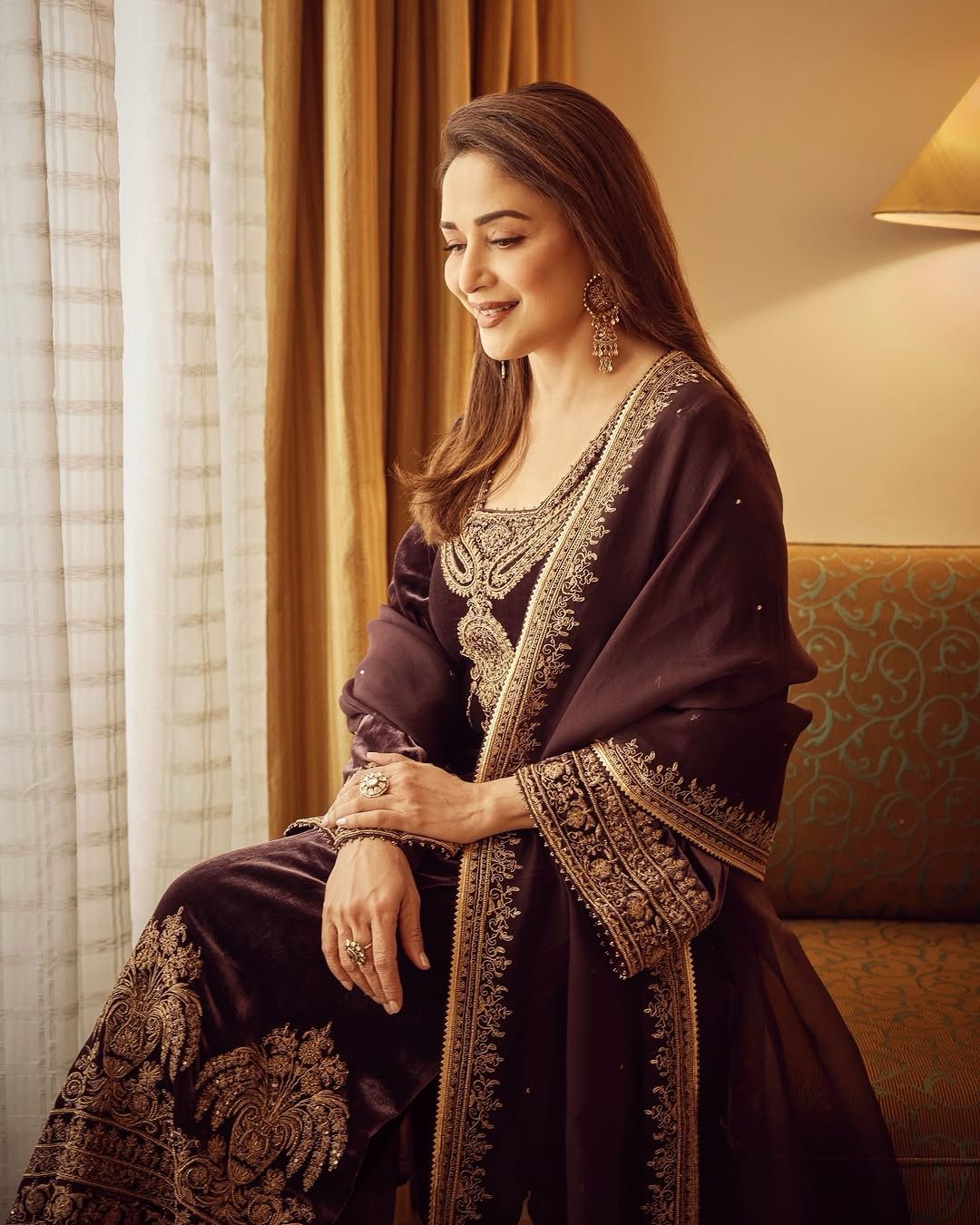 Women's Chinon Silk Embroidery Brown Color Kurta Pant With Dupatta