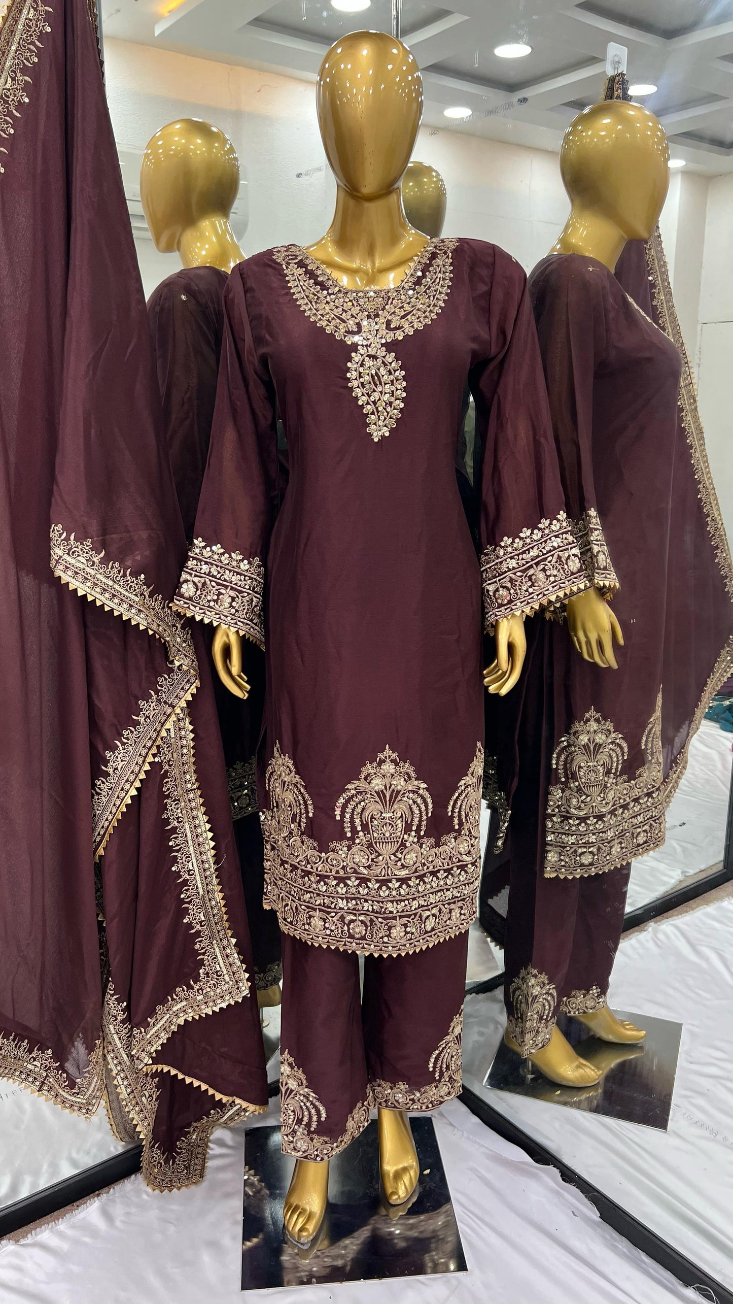 Women's Chinon Silk Embroidery Brown Color Kurta Pant With Dupatta