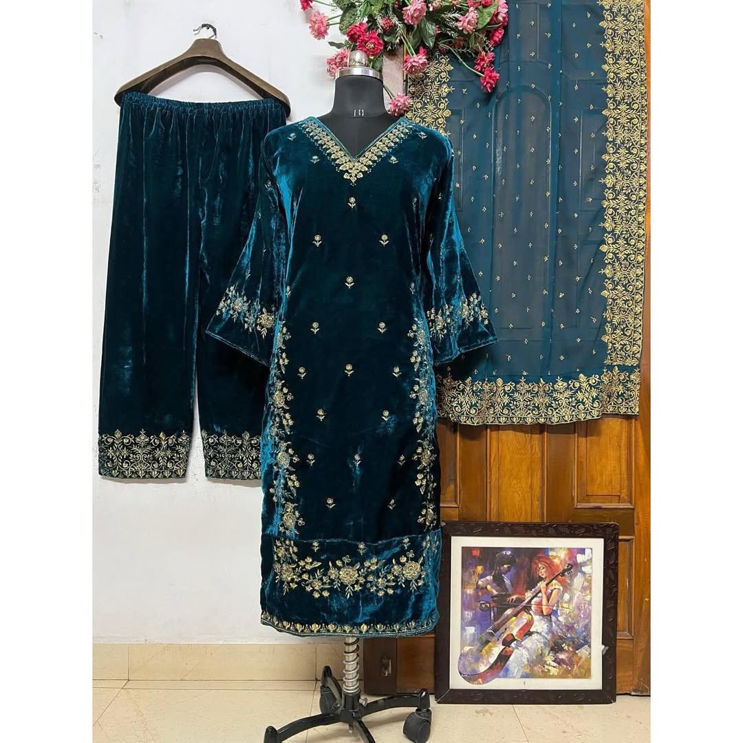 Women's Velvet Embroidery Teal Color Kurta Pant With Dupatta