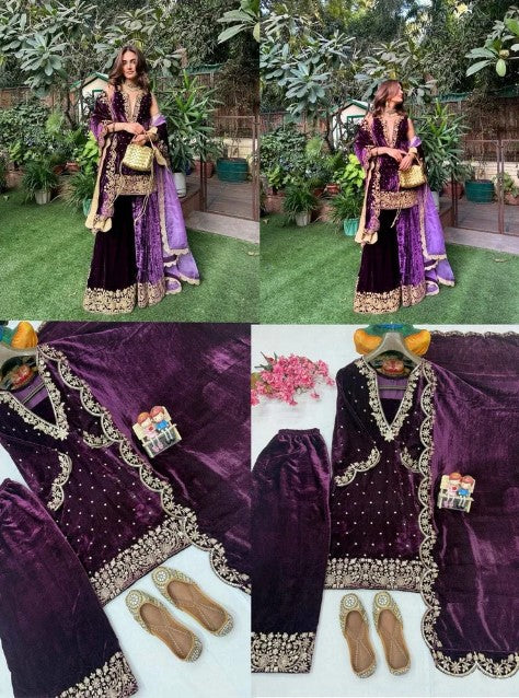 Women's Velvet Embroidery Purple Color Straight Kurta Palazzo With Dupatta