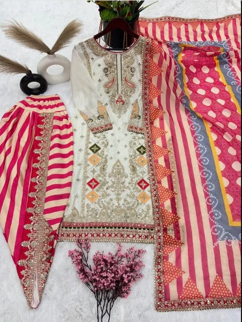 Women's Chinon Silk Embroidery White Color Kurta Dhoti Pant With Dupatta