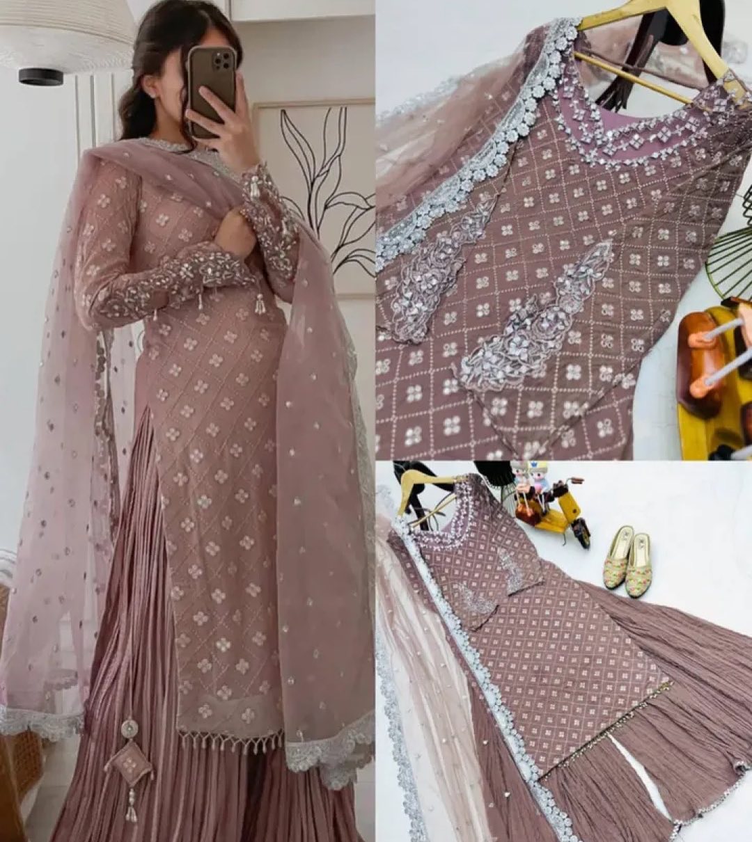 Women's Georgette Embroidery Brown Color Mirror Work Kurta Sharara With Dupatta