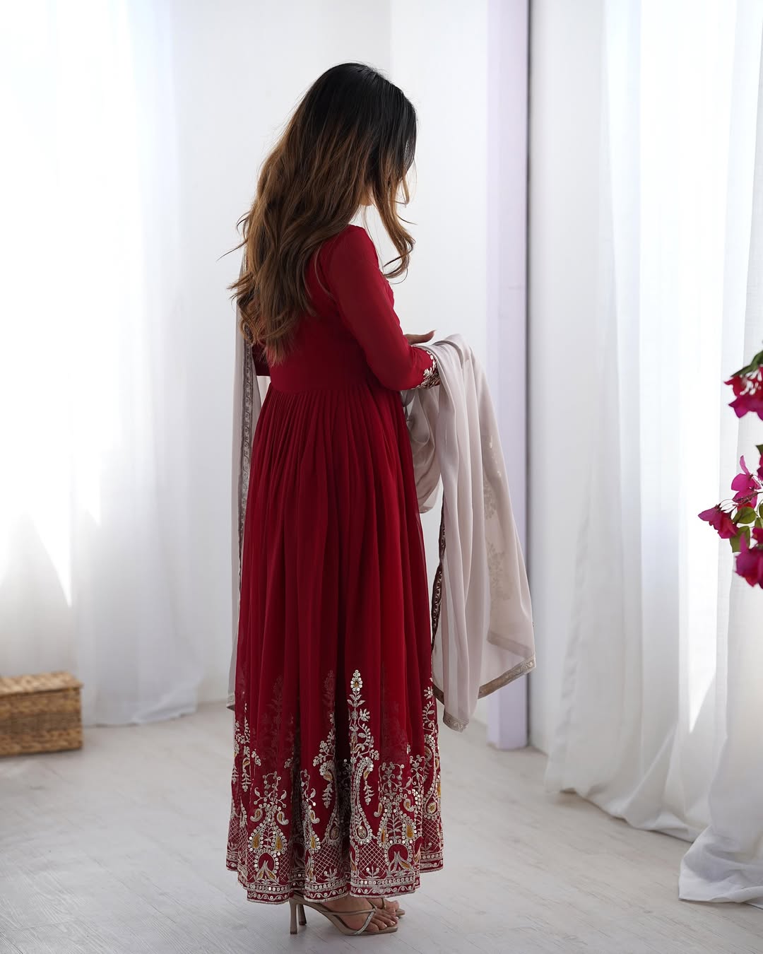 Women's Georgette Embroidery Maroon Color Anarkali Kurta Pant With Dupatta