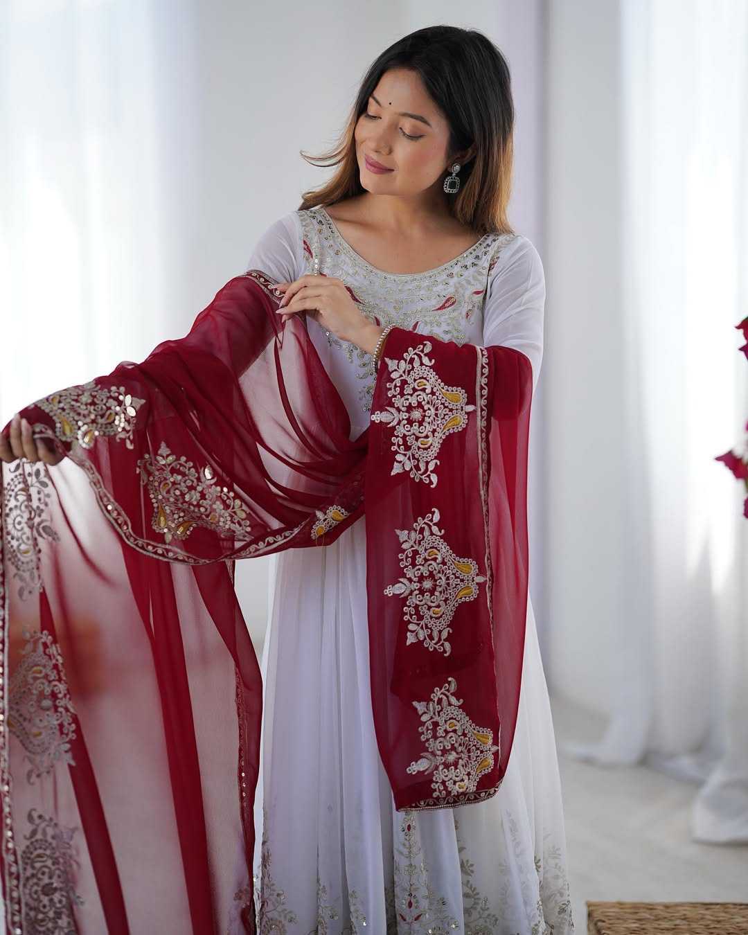 Women's Georgette Embroidery White Color Anarkali Kurta Pant With Dupatta