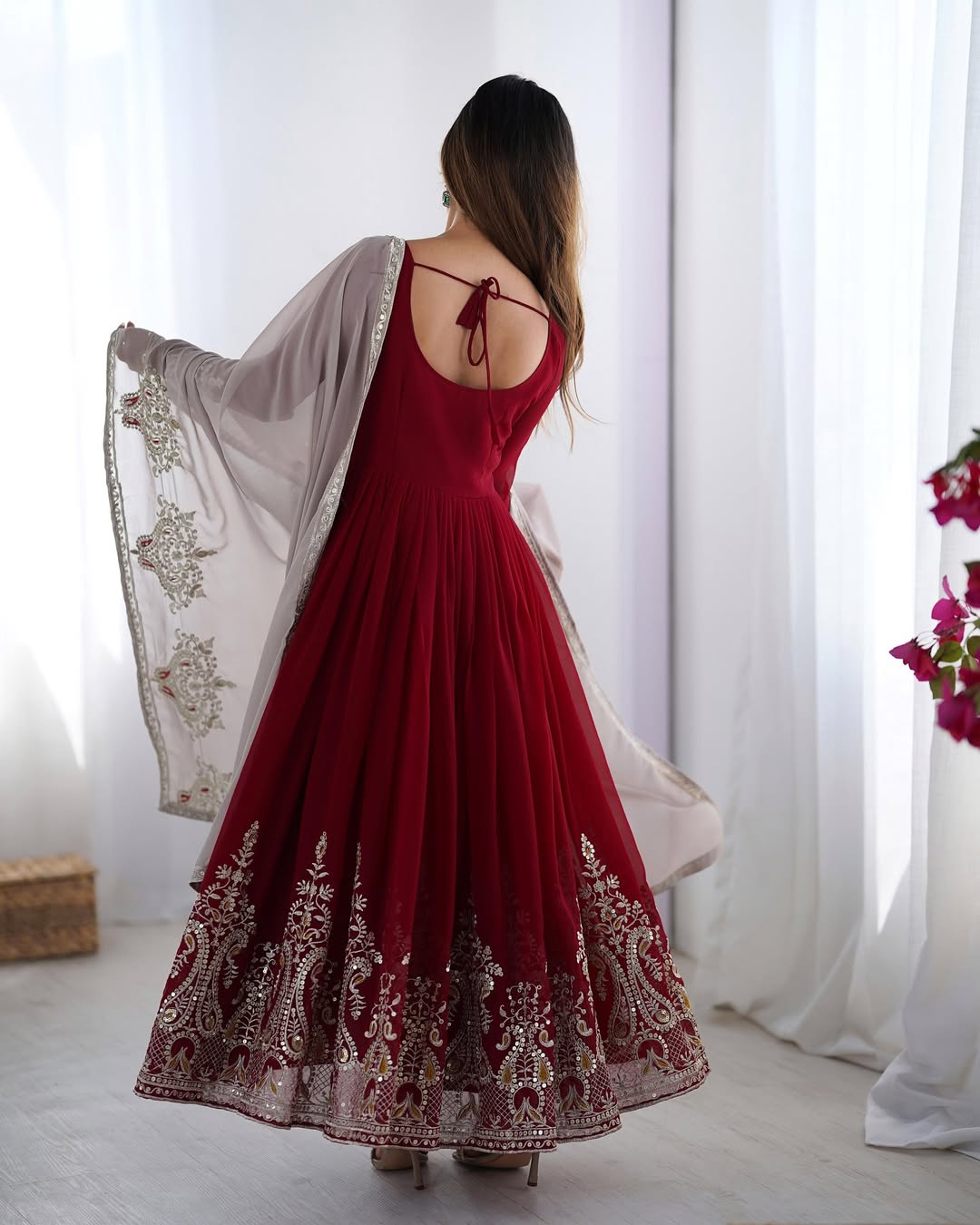 Women's Georgette Embroidery Maroon Color Anarkali Kurta Pant With Dupatta