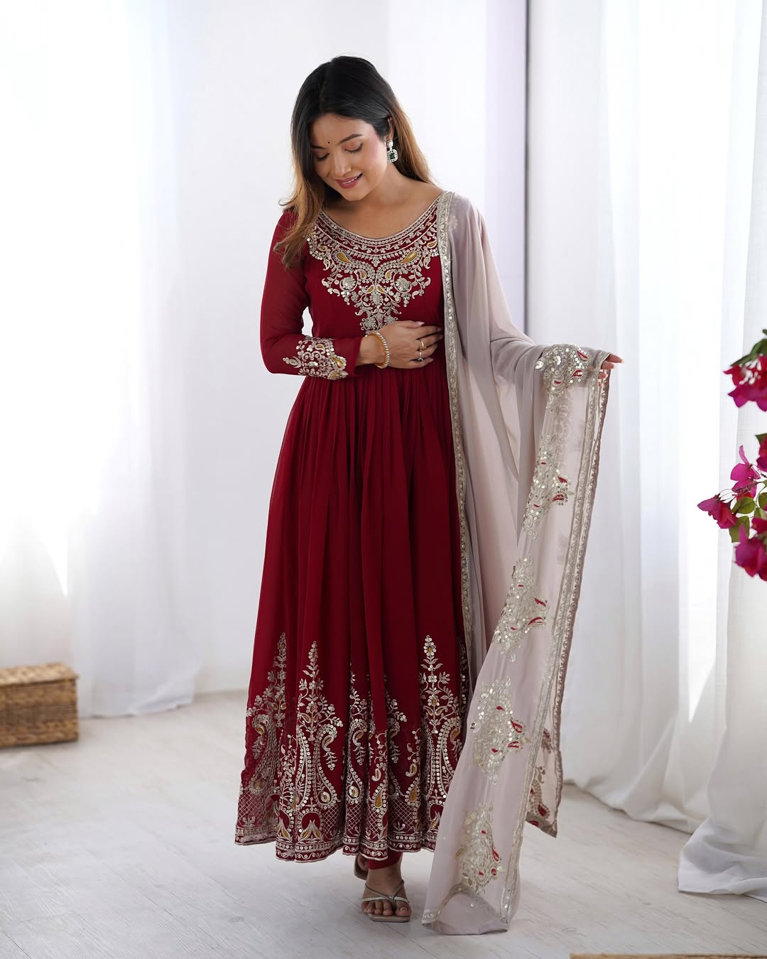 Women's Georgette Embroidery Maroon Color Anarkali Kurta Pant With Dupatta
