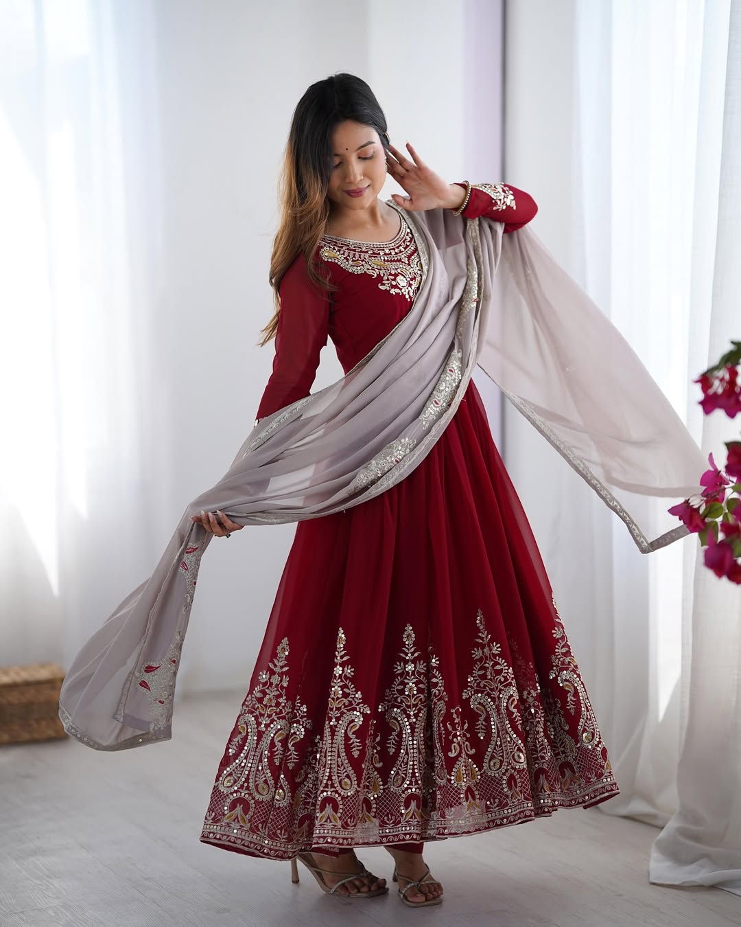 Women's Georgette Embroidery Maroon Color Anarkali Kurta Pant With Dupatta