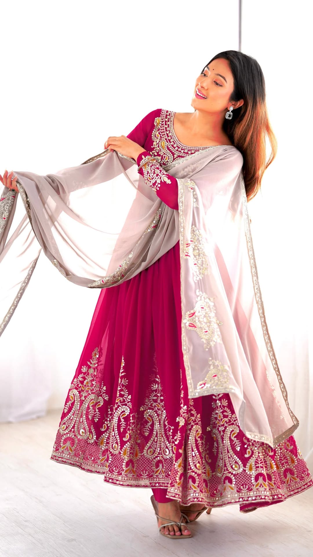 Women's Georgette Embroidery Pink Color Anarkali Kurta Pant With Dupatta