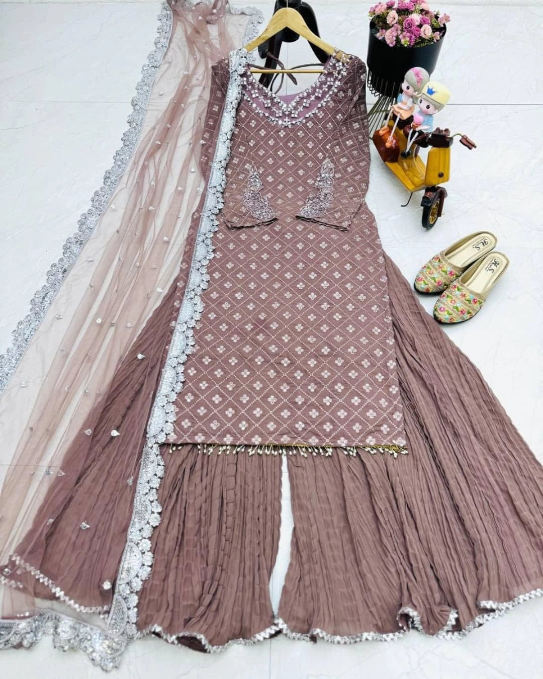 Women's Georgette Embroidery Brown Color Mirror Work Kurta Sharara With Dupatta