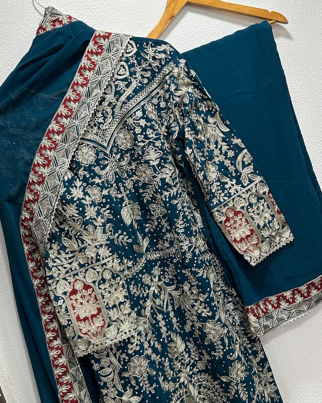 Women's Georgette Embroidery Blue Color Kurta Palazzo With Dupatta