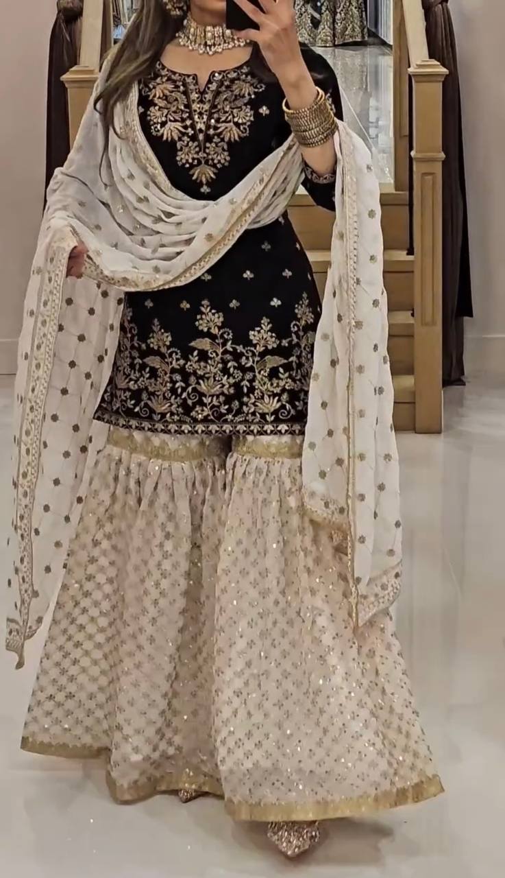Women's Georgette Embroidery Black Color Kurta Sharara With Dupatta