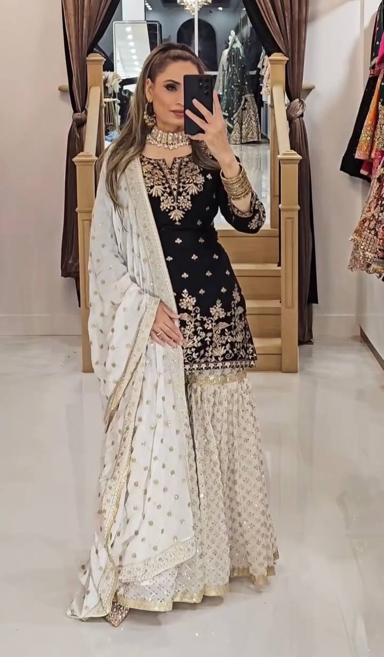 Women's Georgette Embroidery Black Color Kurta Sharara With Dupatta