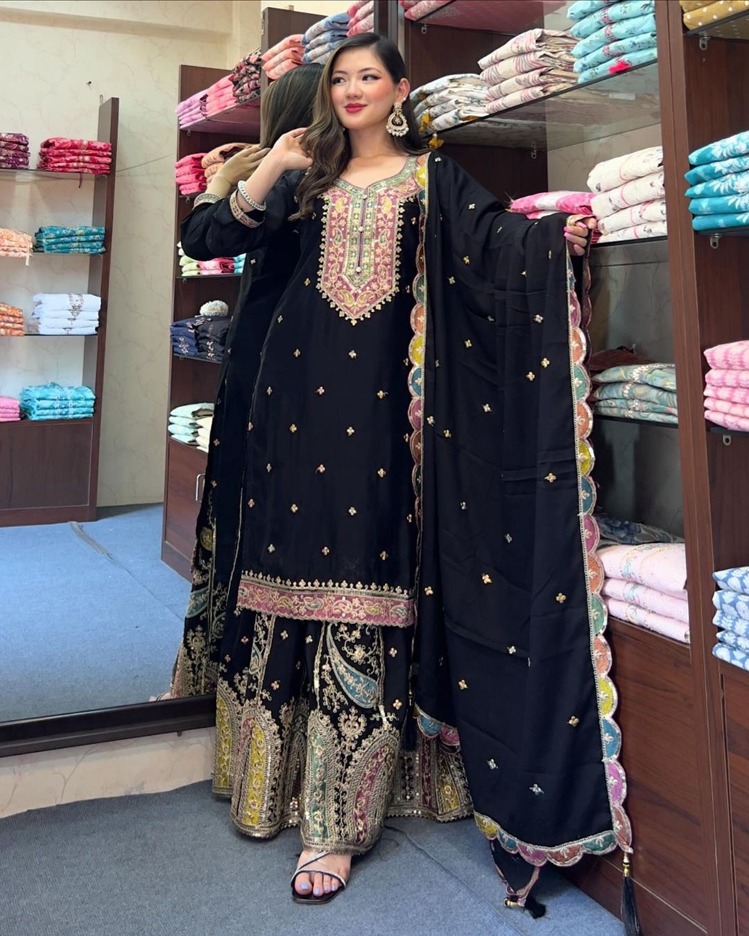 Women's Chinon Silk Embroidery Black Color Kurta Sharara With Dupatta