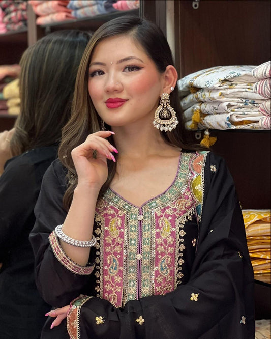 Women's Chinon Silk Embroidery Black Color Kurta Sharara With Dupatta