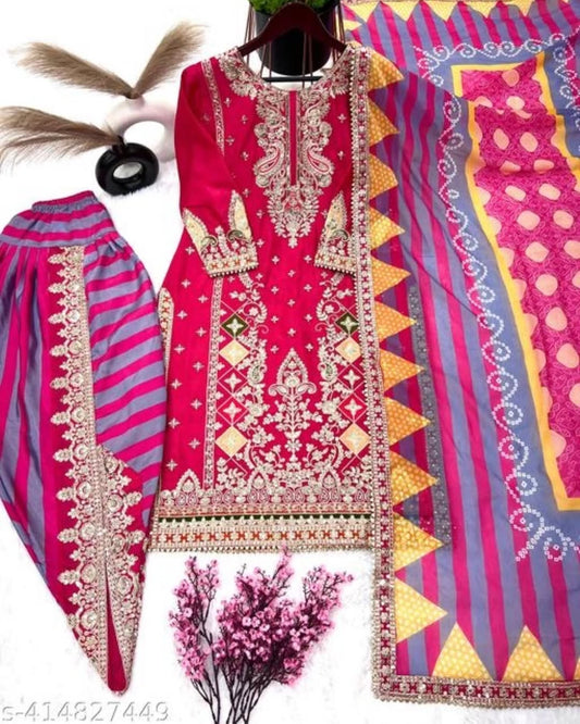 Women's Chinon Silk Embroidery Pink Color Kurta Dhoti Pant With Dupatta