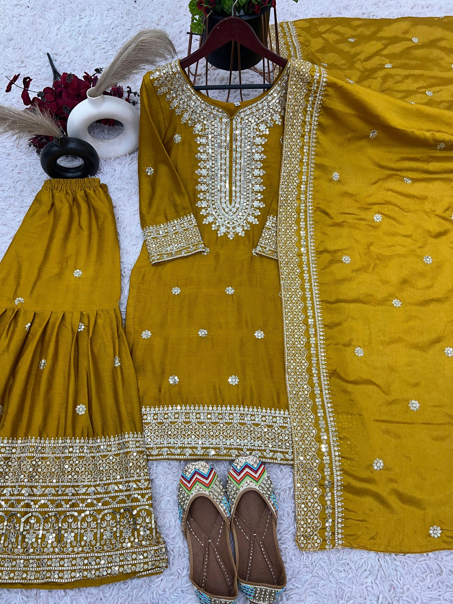 Women's Chinon Silk Embroidery Yellow Color Kurta Sharara With Dupatta