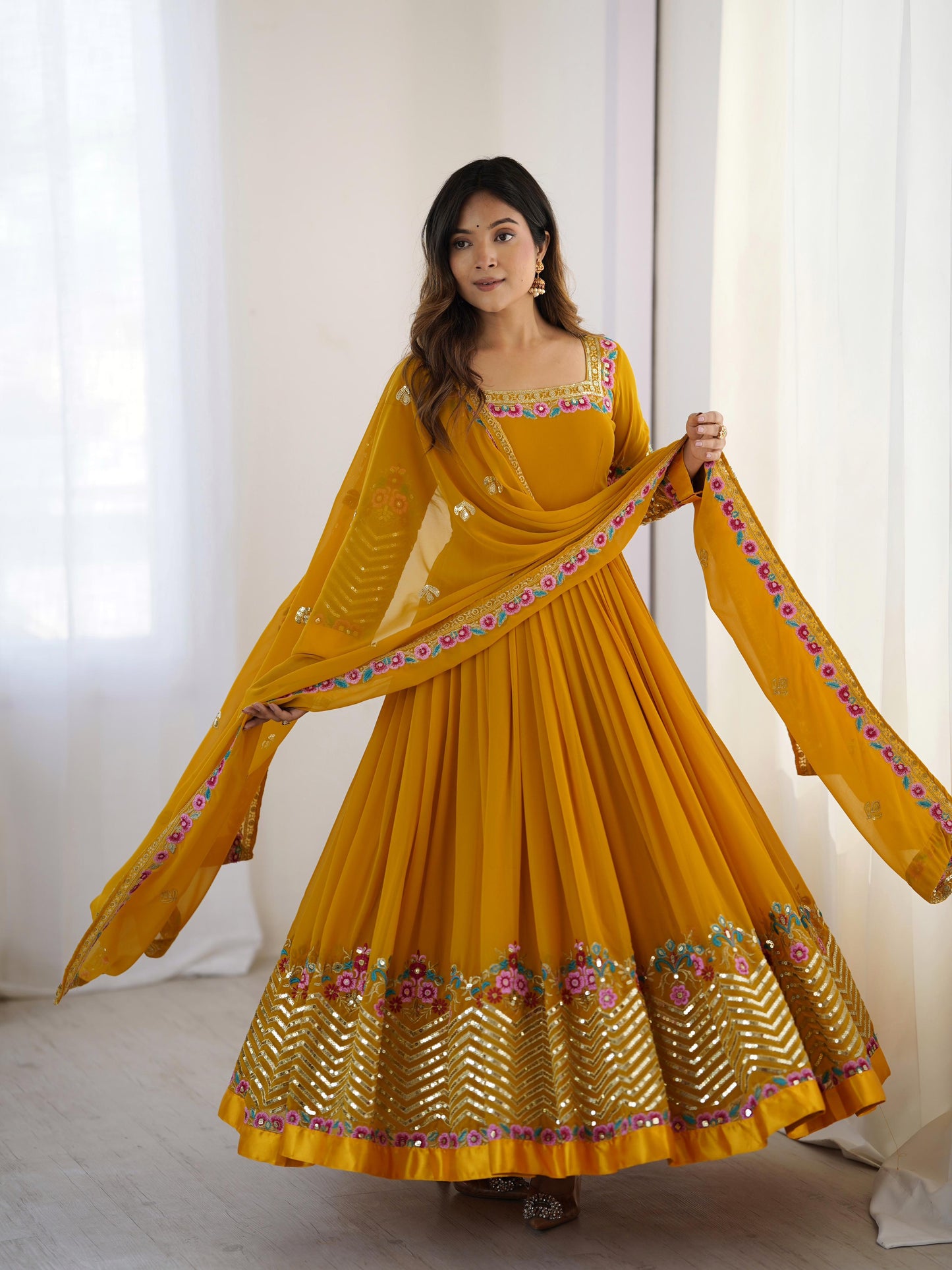 Women's Georgette Embroidery Yellow Color Anarkali Kurta Pant With Dupatta