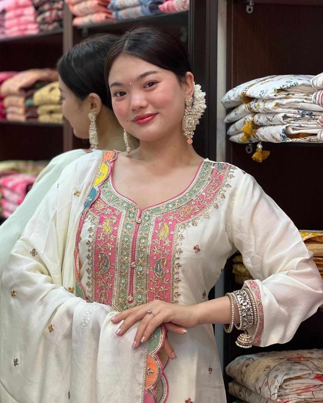 Women's Chinon Silk Embroidery White Color Kurta Sharara With Dupatta