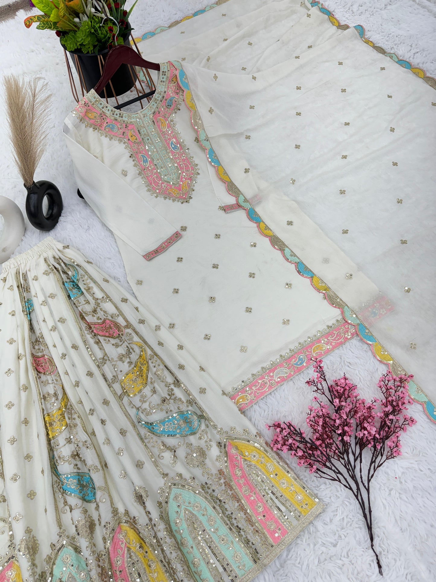Women's Chinon Silk Embroidery White Color Kurta Sharara With Dupatta