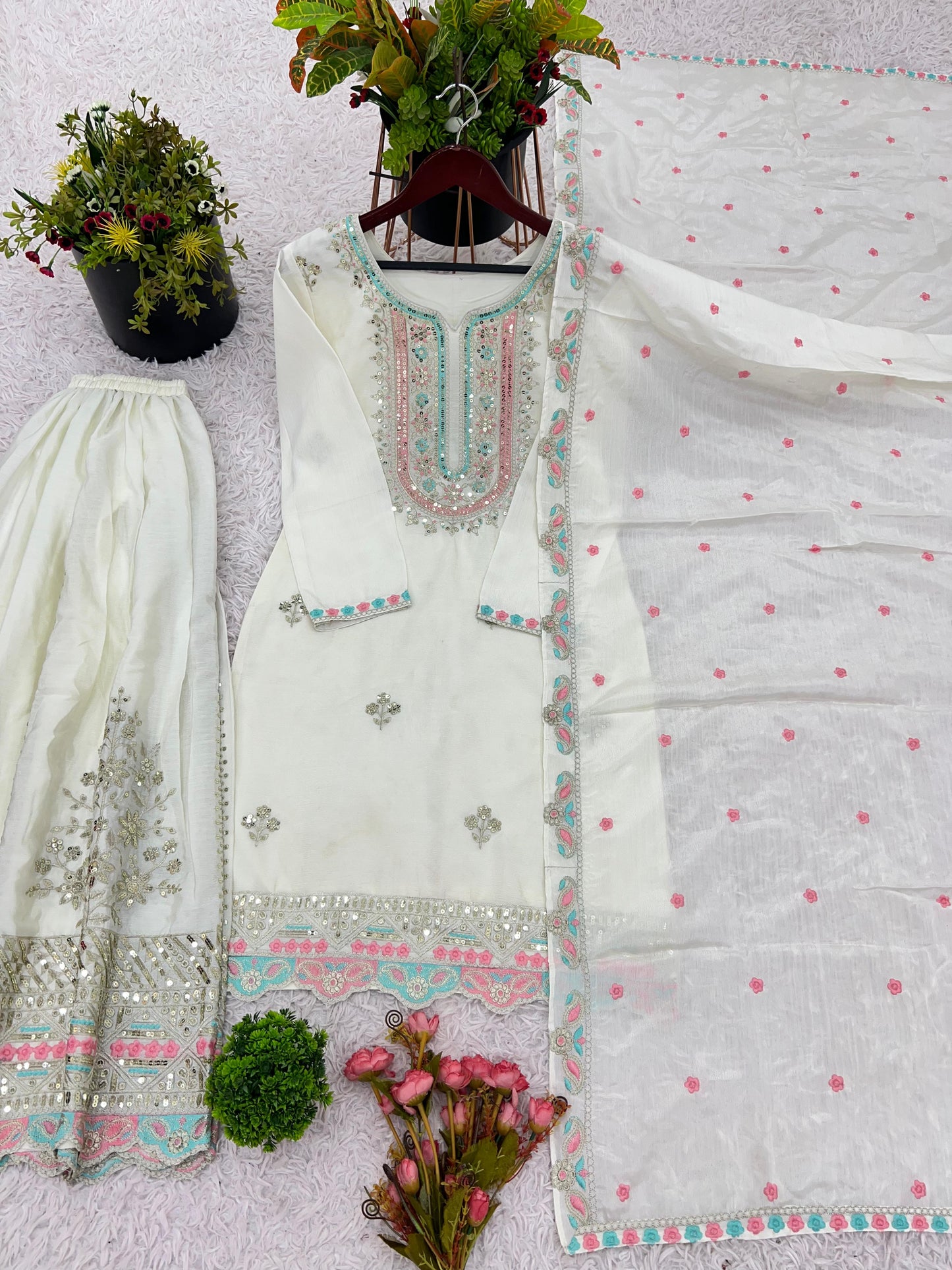 Women's Chinon Silk Embroidery White Color Kurta Sharara With Dupatta