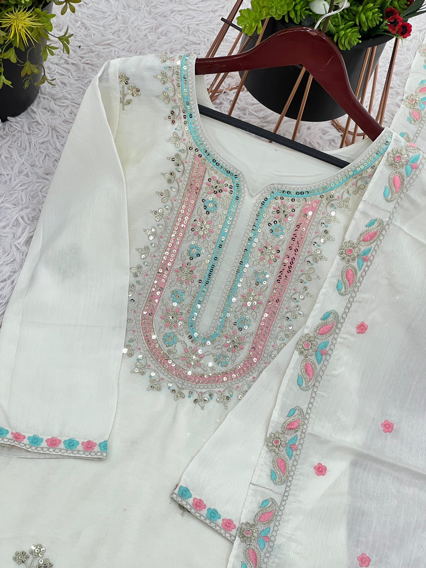 Women's Chinon Silk Embroidery White Color Kurta Sharara With Dupatta
