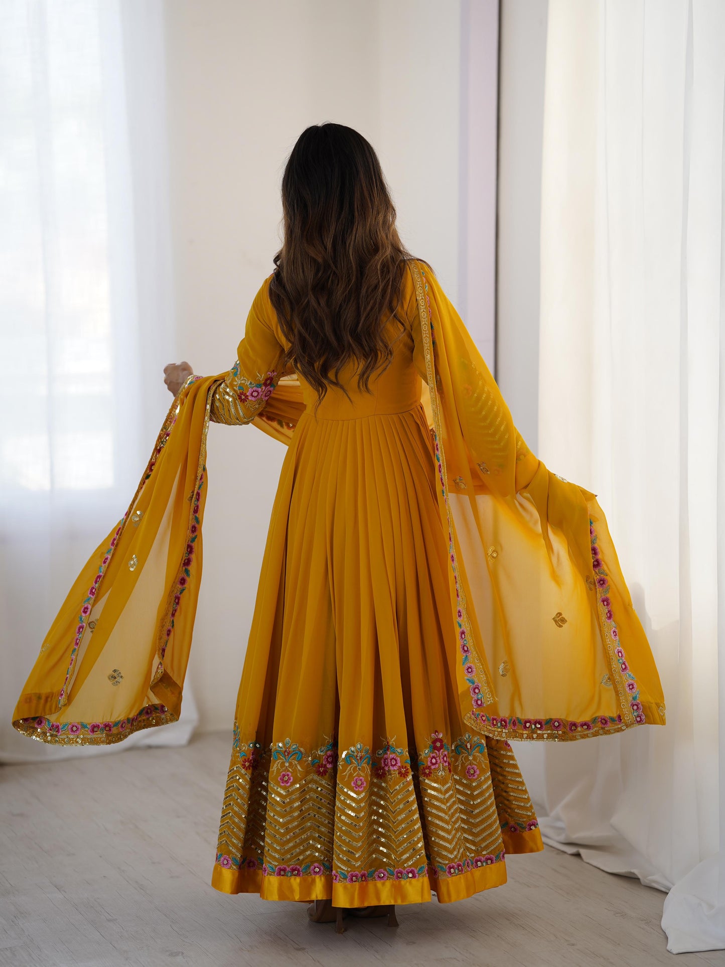 Women's Georgette Embroidery Yellow Color Anarkali Kurta Pant With Dupatta