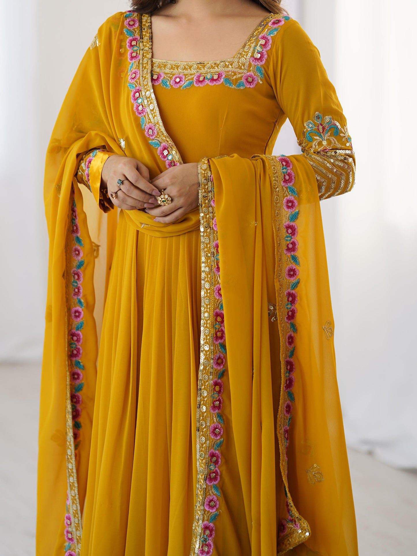 Women's Georgette Embroidery Yellow Color Anarkali Kurta Pant With Dupatta