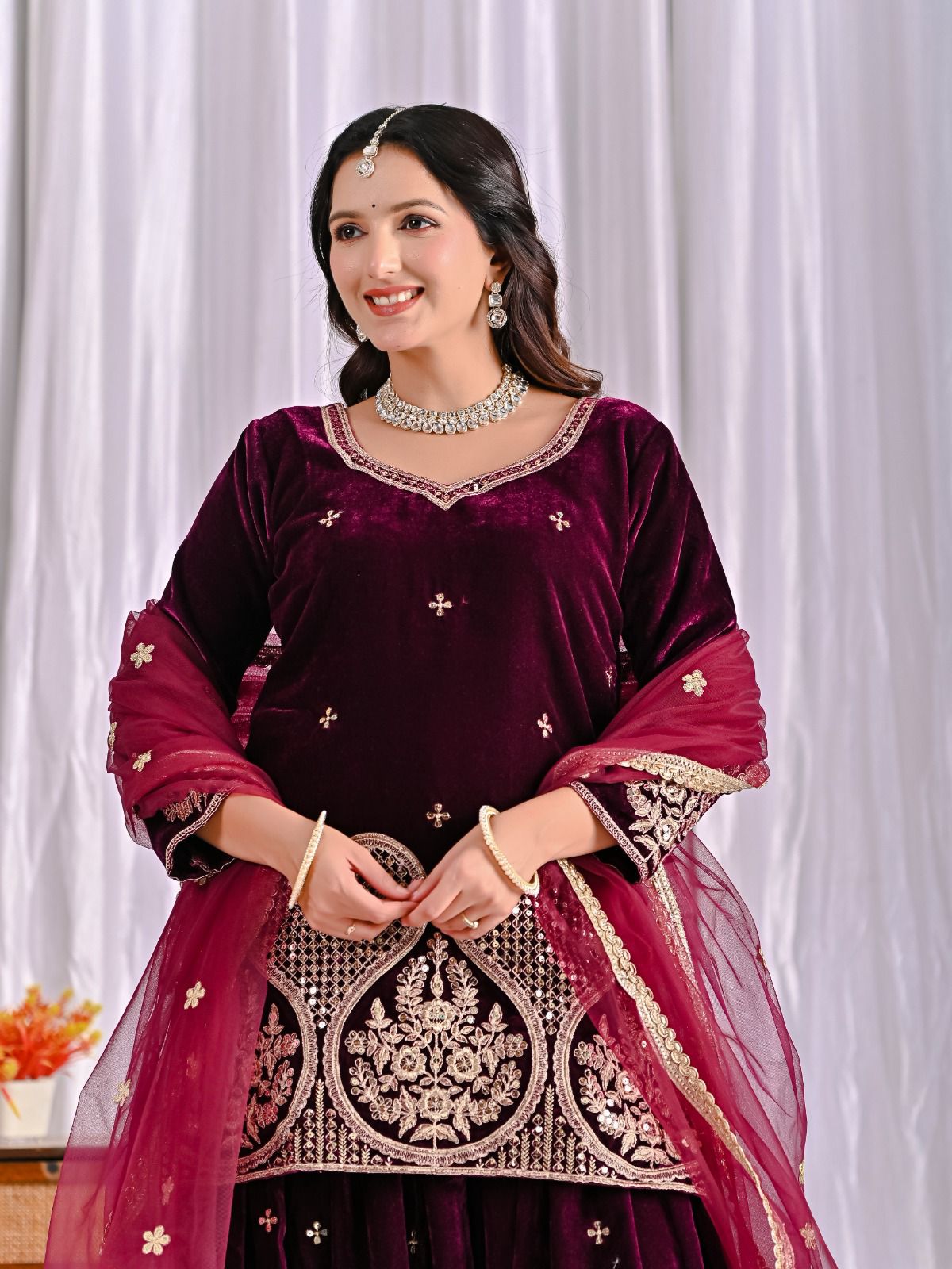Women's Velvet Embroidery Maroon Color Kurta Sharara With Dupatta